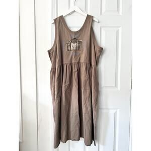 Blue Fish Organic Cotton Tan Khaki Midi Cinch Tie Waist Swing Dress OS Lagenlook